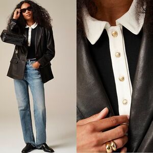 NWT J CREW Refined rib long-sleeve polo shirt in black and white